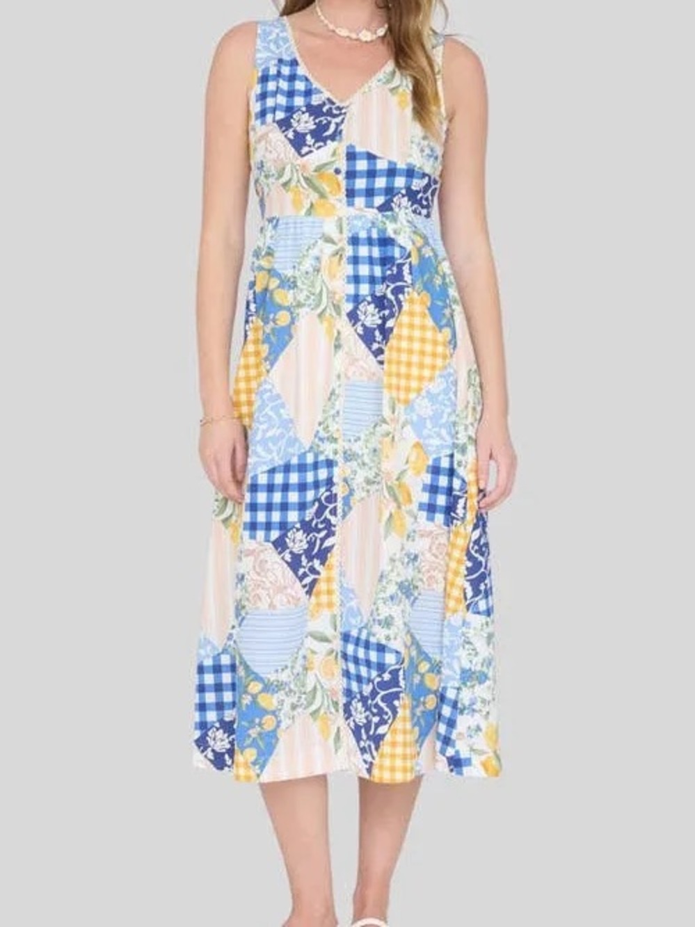 Sleeveless V-Neck Patchwork Floral Midi Dress in Blue & White